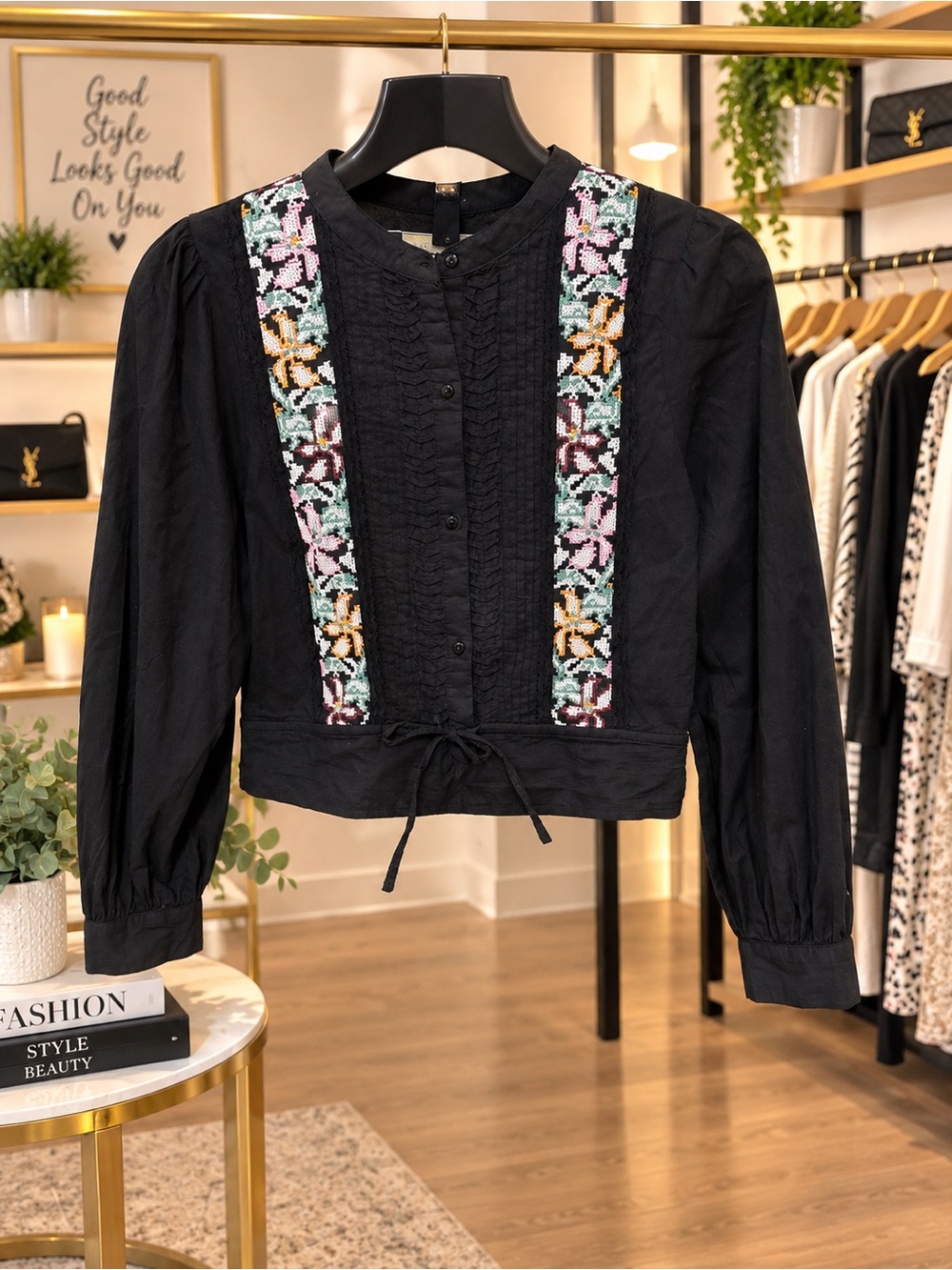 Zara Black Button-Front Cropped Top with Floral Embroidery